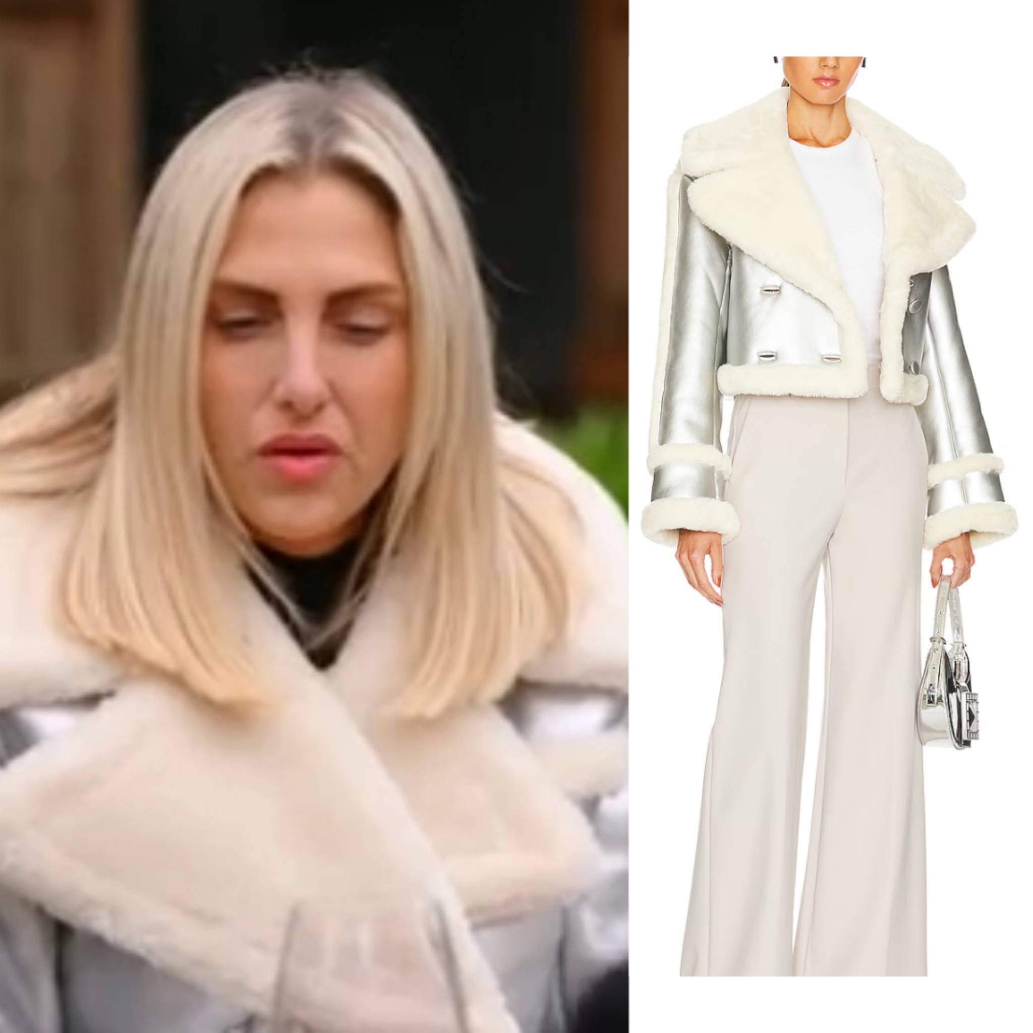 Gina Kirschenheiter’s Silver Metallic Coat with White Fur Trim