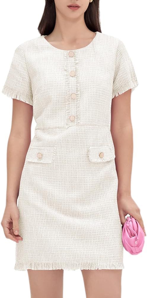 AMIMIV Womens Summer Tweed Dress Short Sleeve Crew Neck Tassels Elegant Casual Work Loose A Line ... | Amazon (US)