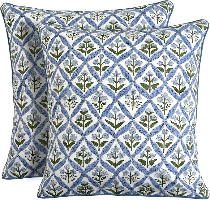 Ridhi Light Steel Blue Block Print Cotton Throw Pillow Covers for Decorative Couch Pillows for Li... | Amazon (US)