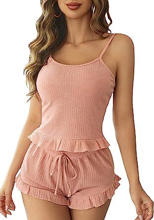SOLY HUX Women's 2 Piece Sleeveless Crop Tank Top and Fluffy Teddy Shorts Lounge Pajama Set Sleep... | Amazon (US)