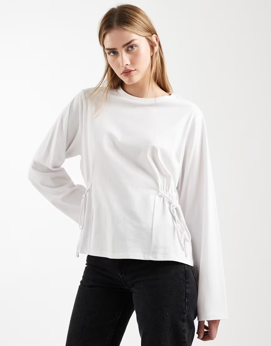 ASOS DESIGN tie waisted detail long sleeve top in white | ASOS (Global)