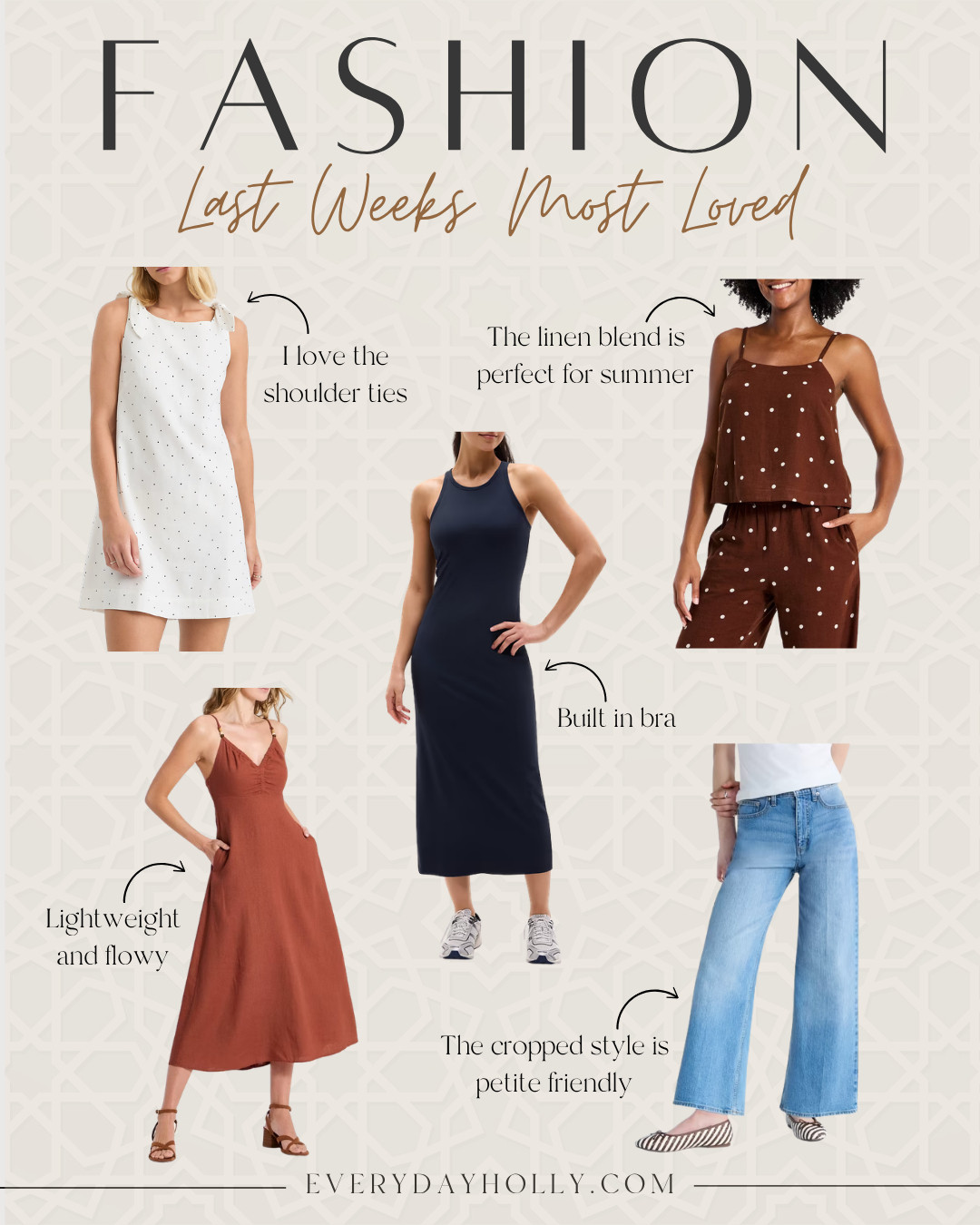 Last week’s favorites were all about light fabrics and easy summer dressing. The linen blend set is great for hot days, the shoulder tie and rust midi dresses give you two different vacation options, the built in bra dress simplifies getting dressed, and the cropped jeans are such a good length for petites.

Summer fashion, linen blend set, shoulder tie dress, built in bra dress, rust midi dress, cropped wide leg jeans, petite friendly fashion, vacation outfit ideas, lightweight summer clothes, everyday summer style, EverydayHolly 

 #LTKootd #LTKSeasonal #LTKPetite