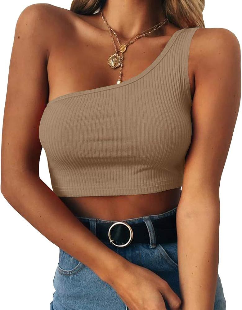 PRETTODAY Women's Sleeveless Crop Tops Sexy One Shoulder Strappy Tees Basic Crop Tank Tops | Amazon (US)