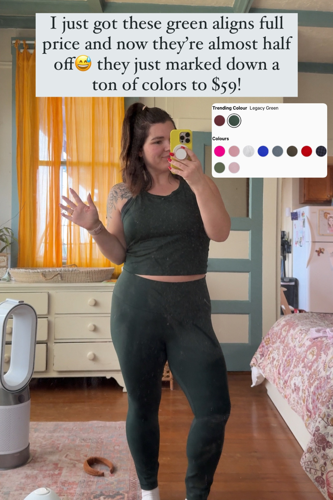 I just got these green aligns full price and now they’re almost half off😅 they just marked down a ton of colors to $59! I wear a size 10 (I size down 2 from my Jean size) and the 23” crop for full length on my short legs but also linking 25” which will show you 28” options too 

#LTKActive #LTKSaleAlert #LTKFindsUnder100