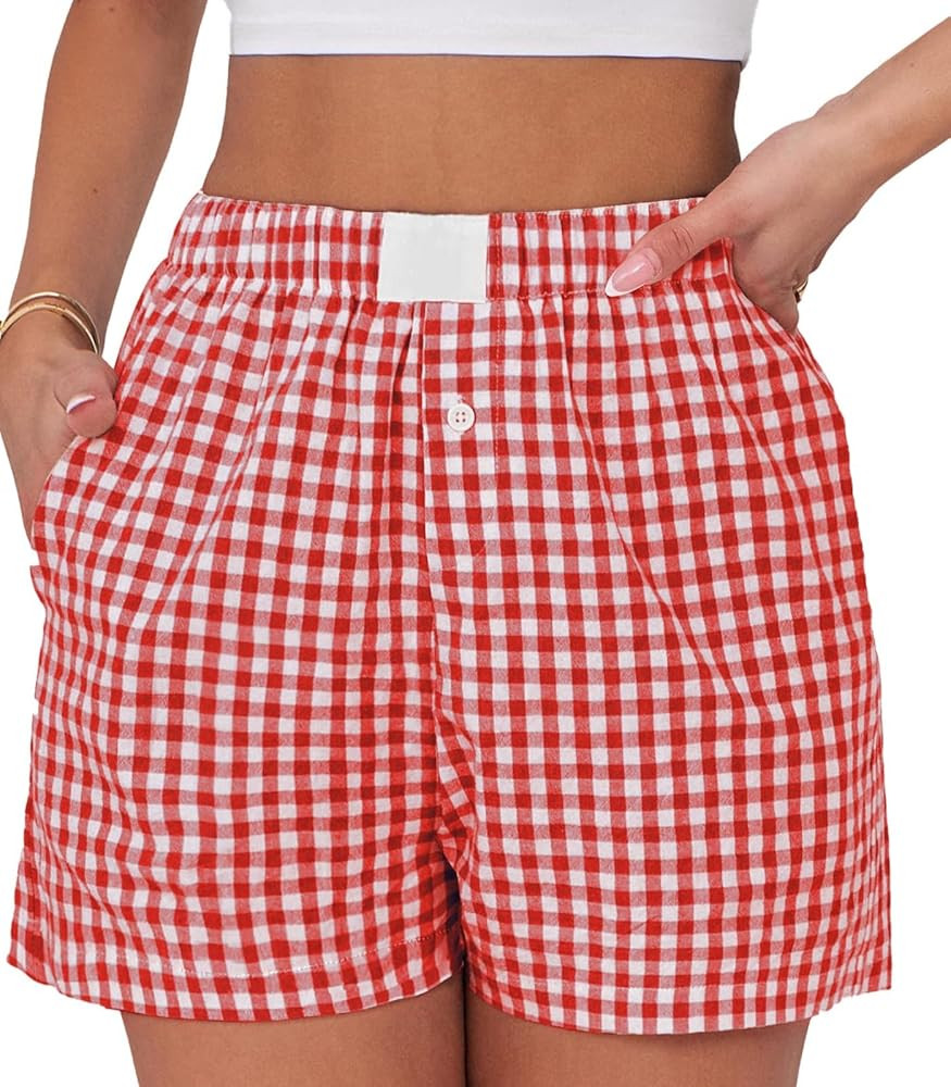 Womens Boxer Shorts Cotton Summer Casual Pajama Y2K Sleep Gingham Plaid Shorts Bottom with Pocket... | Amazon (US)