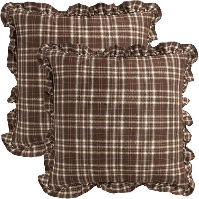 Accent Vintage Brown Ruffle Gingham Throw Pillow Covers for Couch (Set of 2, 18"X18", Covers Only... | Amazon (US)