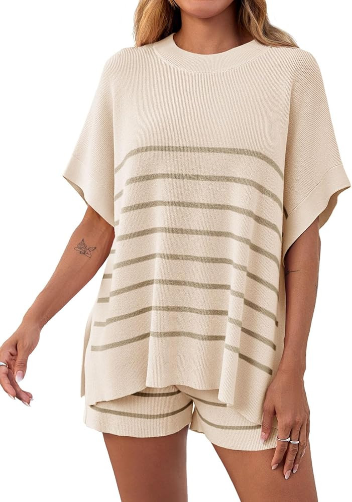 Fisoew Women's Striped 2 Piece Outfits Oversized Batwing Short Sleeve Tops High Waisted Shorts Su... | Amazon (US)