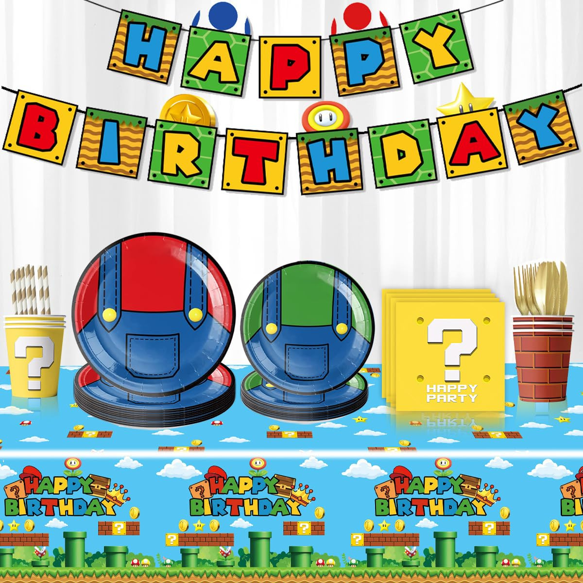 91Pcs Super Brother Party Supplies, Video Game Tableware Set Including Paper Plates, Napkins, Tab... | Amazon (US)