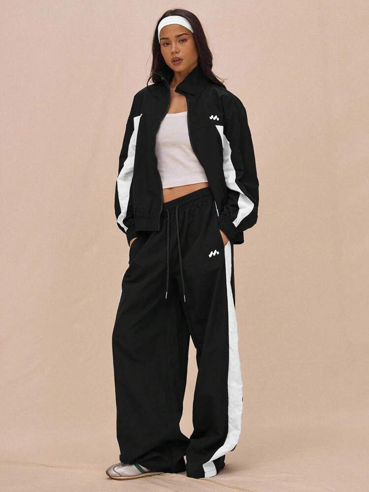 MUSERA Drawstring Waist Nylon Contrast Panel Wide Leg Tracksuit Bottoms Only Airport, Casual Christmas Thanksgiving | SHEIN