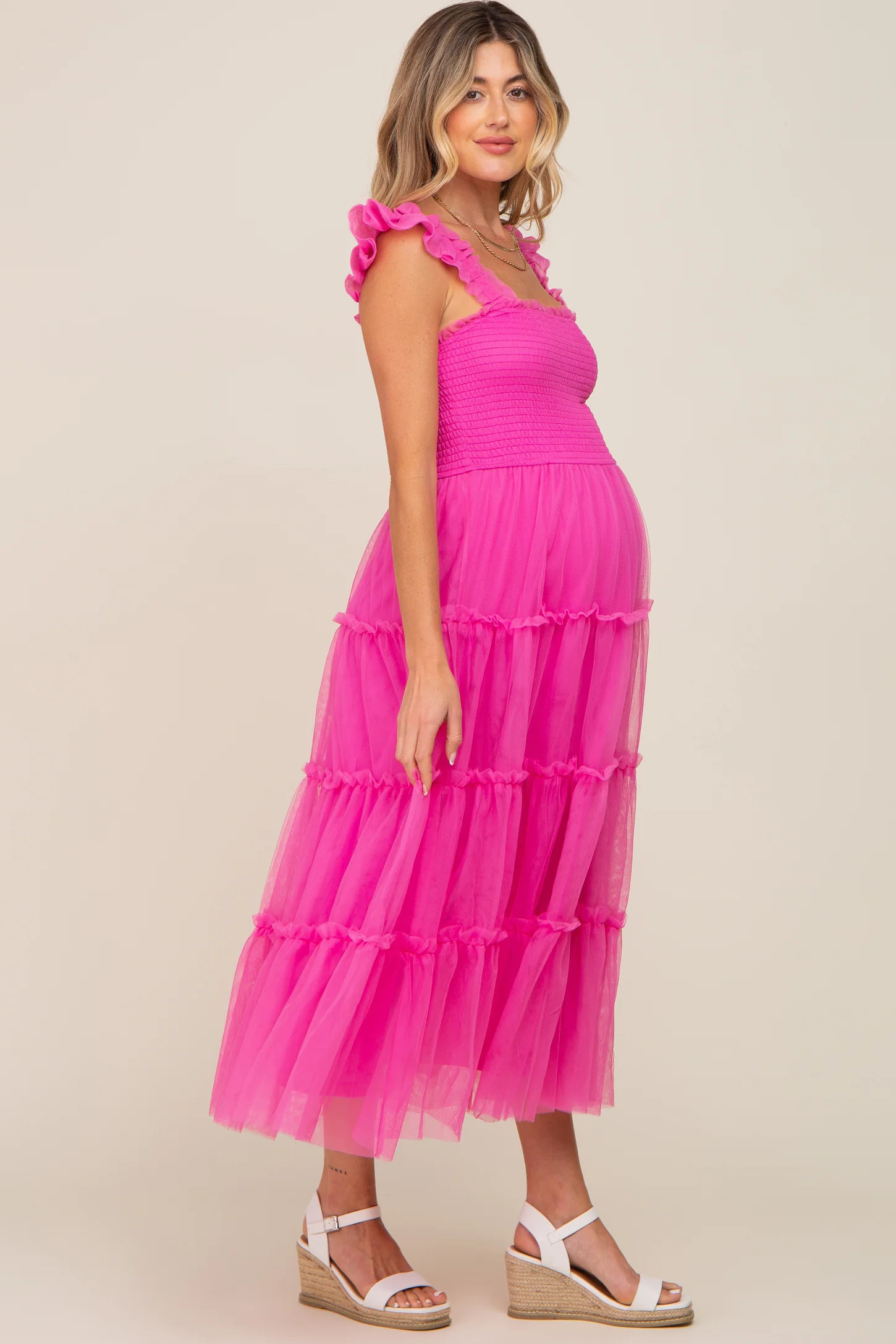 Fuchsia Smocked Mesh Ruffle Accent Maternity Midi Dress | PinkBlush Maternity