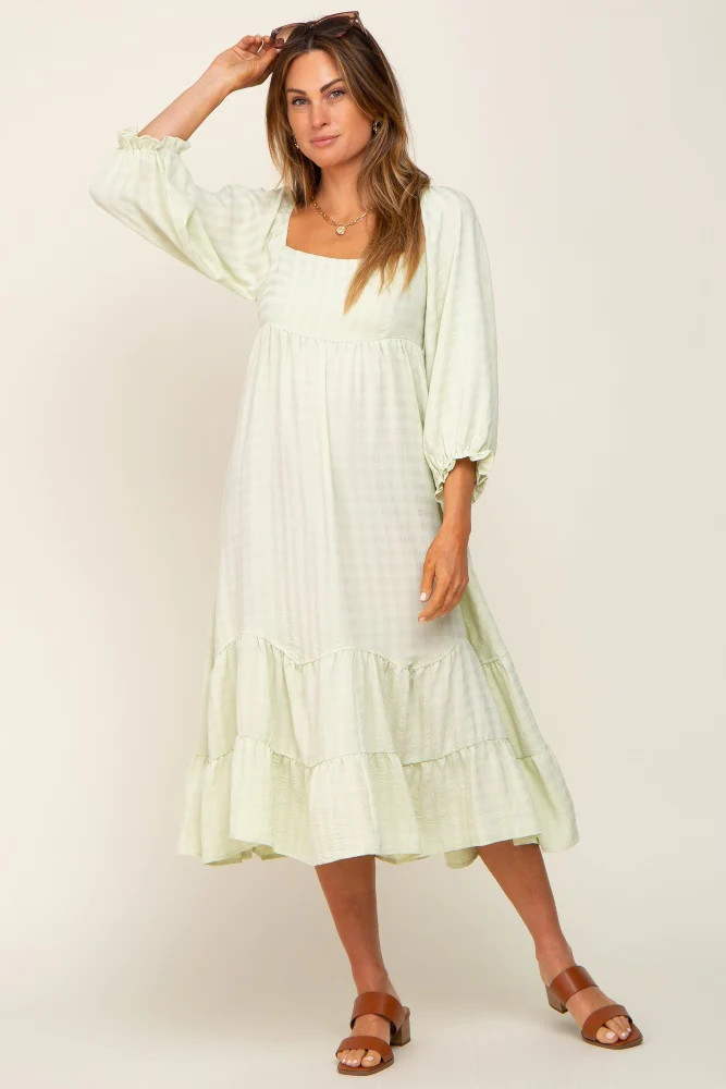 Light Green Striped 3/4 Cinched Sleeve Tiered Midi Dress | PinkBlush Maternity