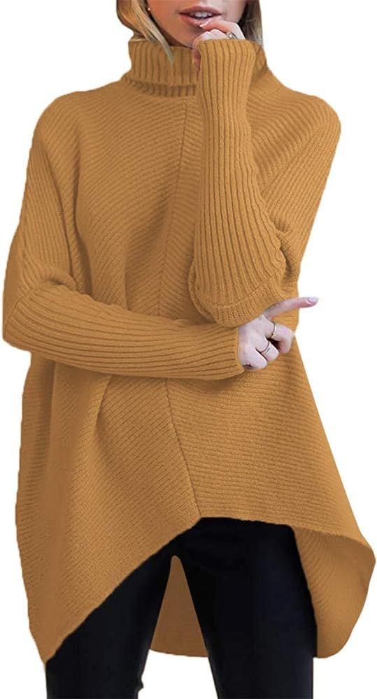 ANRABESS Womens Turtleneck Long Batwing Sleeve Asymmetric Hem Casual Pullover Sweater Knit Tops | Amazon (US)