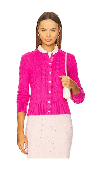 Cable-knit Cotton Crewneck Cardigan in Regatta Pink | Revolve Clothing (Global)