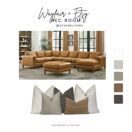 FARMHOUSE REC ROOM 
.
Adding a warm cognac leather sectional to our rec room space  was the right choice for movie nights. 
.
This sectional is modular and so comfortable! Perfect for getting down any stairs!! 
.
