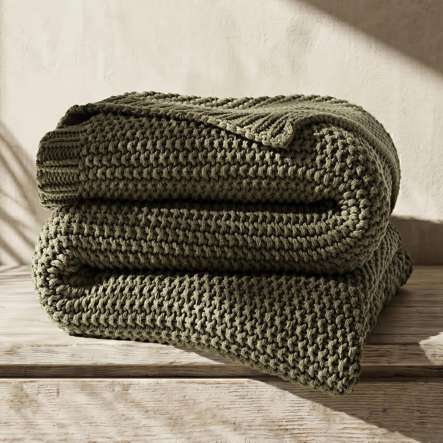 Organic Cotton Chunky Knit Throw Blanket, 60 x 80 Olive Green | Amazon (US)