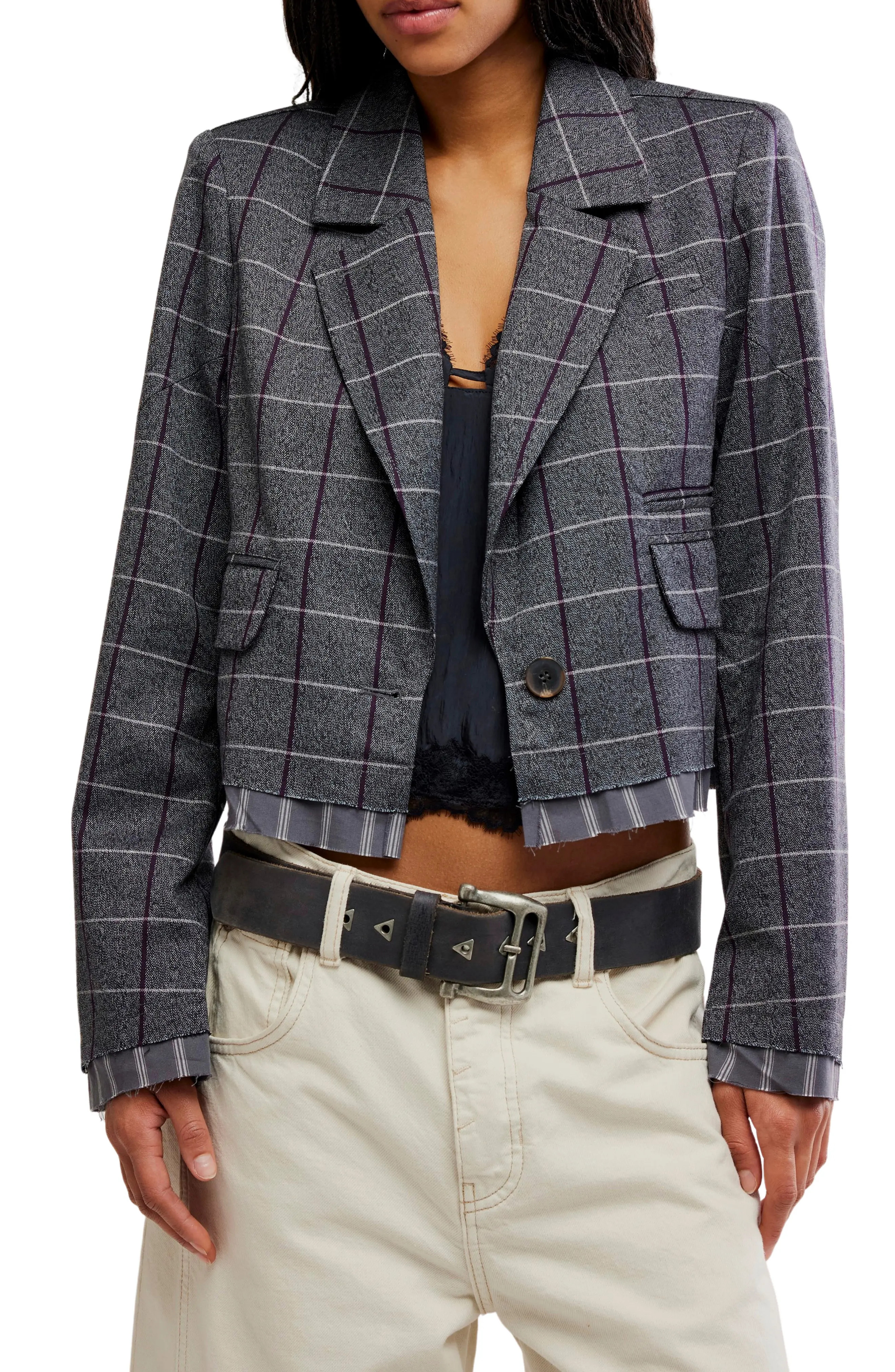 Free People Academia Cropped Blazer in Charcoal Combo at Nordstrom, Size X-Large | Nordstrom