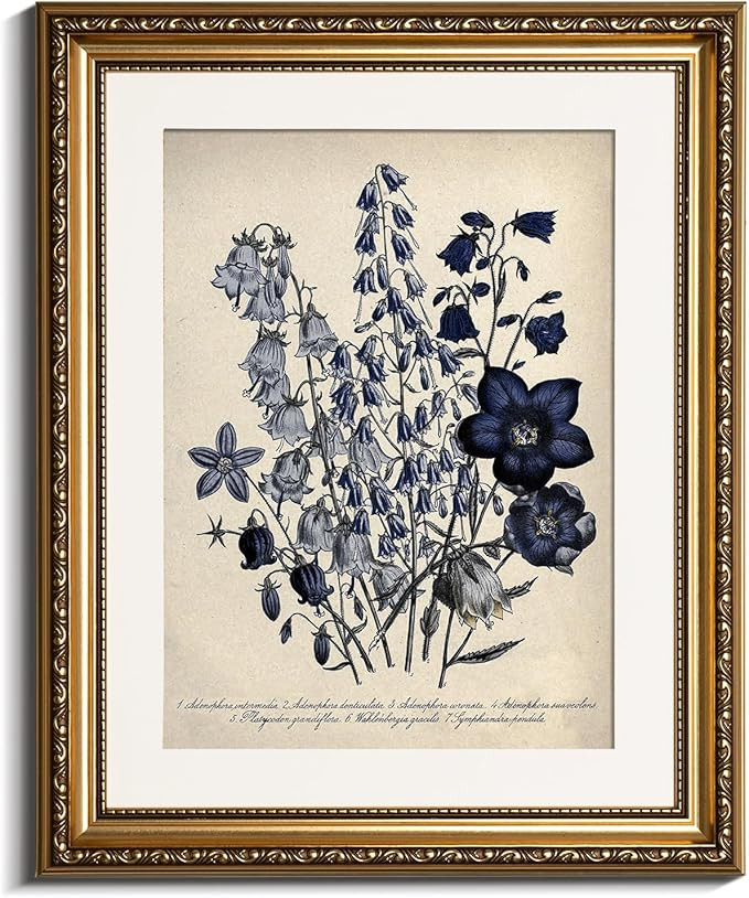 VIYYIEA Gold Framed Botanical Wall Art Decor, Blue Flower Campanula Pictures Prints, Living Room ... | Amazon (US)