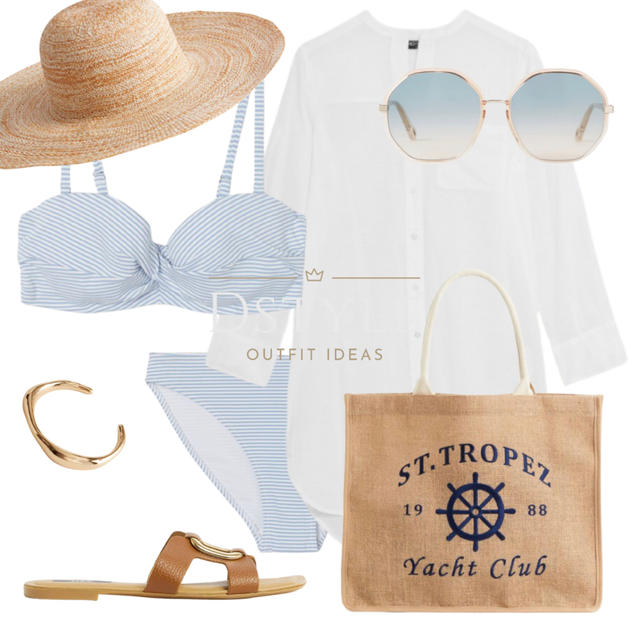 Beach vibes and stripes forever 🌊👙☀️
This light blue and white striped bikini is paired with a chic white beach cover-up shirt, leather ring detail flat sliders in tan color, a stylish beach hat and bag, oversized butterfly sunglasses, and an open cuff bracelet in gold. Whether you're relaxing on the beach or taking a dip in the ocean, this outfit is perfect for capturing those laid-back beach vibes in style.

#LTKswim #LTKSeasonal #LTKstyletip