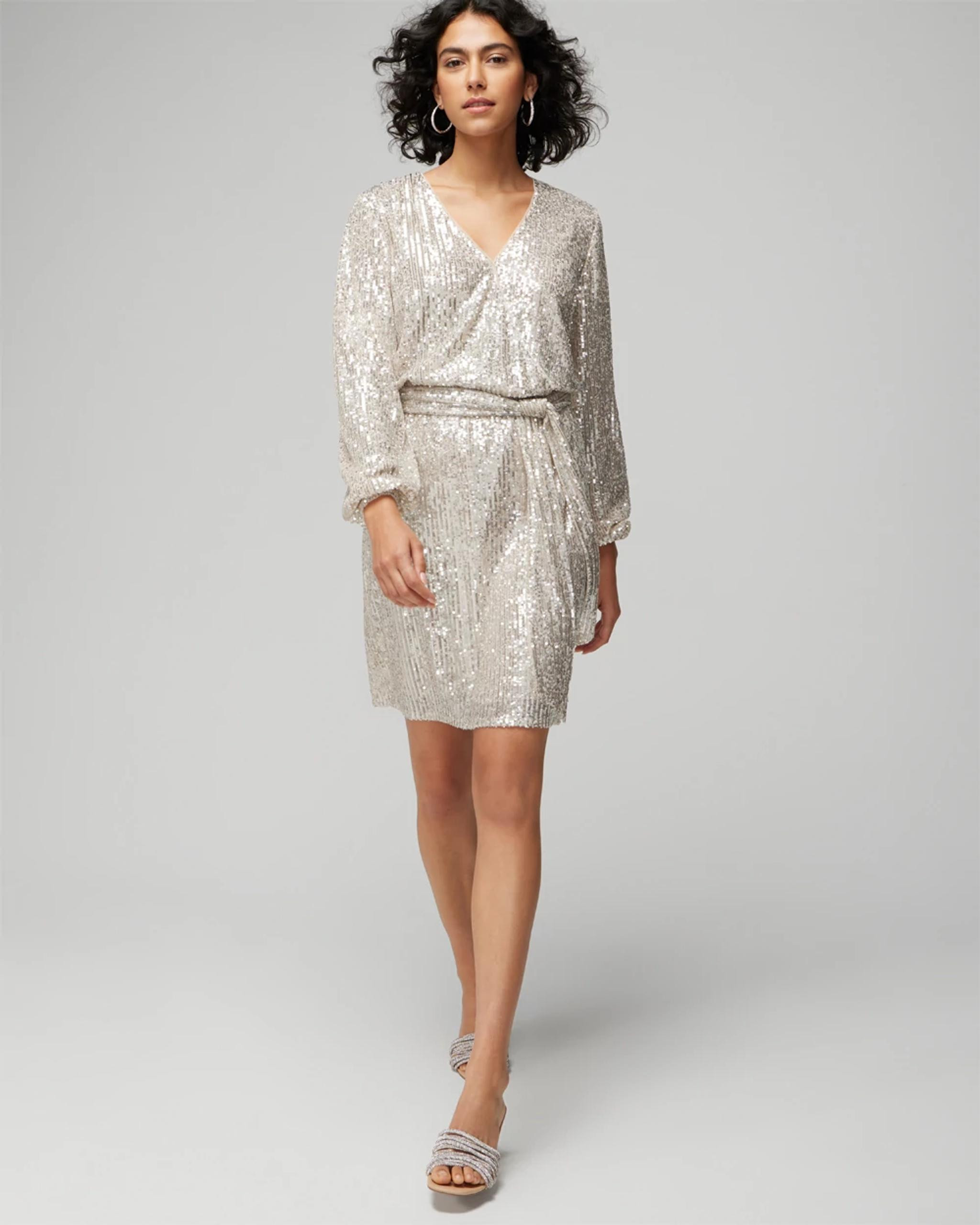 Long Sleeve Sequin Surplice Blouson Dress | White House Black Market