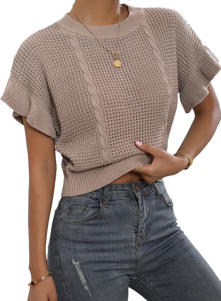 Verdusa Women's Ruffled Short Sleeve Round Neck Knitted Crop Top Pullovers Sweater | Amazon (US)