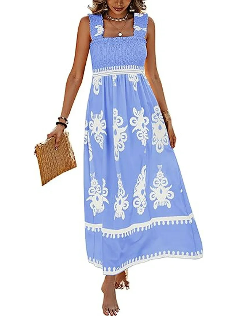 PRETTYGARDEN Womens Summer Boho Maxi Dress Casual Sleeveless Square Neck Floral Aline Smocked Bea... | Walmart (US)
