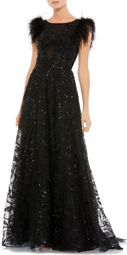 Feather Cap Sleeve A-Line Gown | Nordstrom