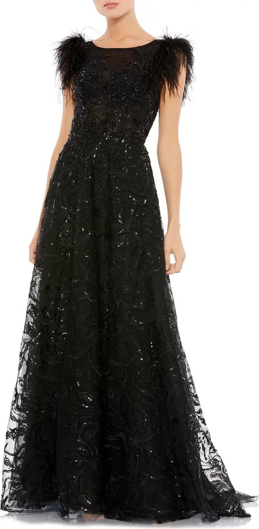 Feather Cap Sleeve A-Line Gown | Nordstrom