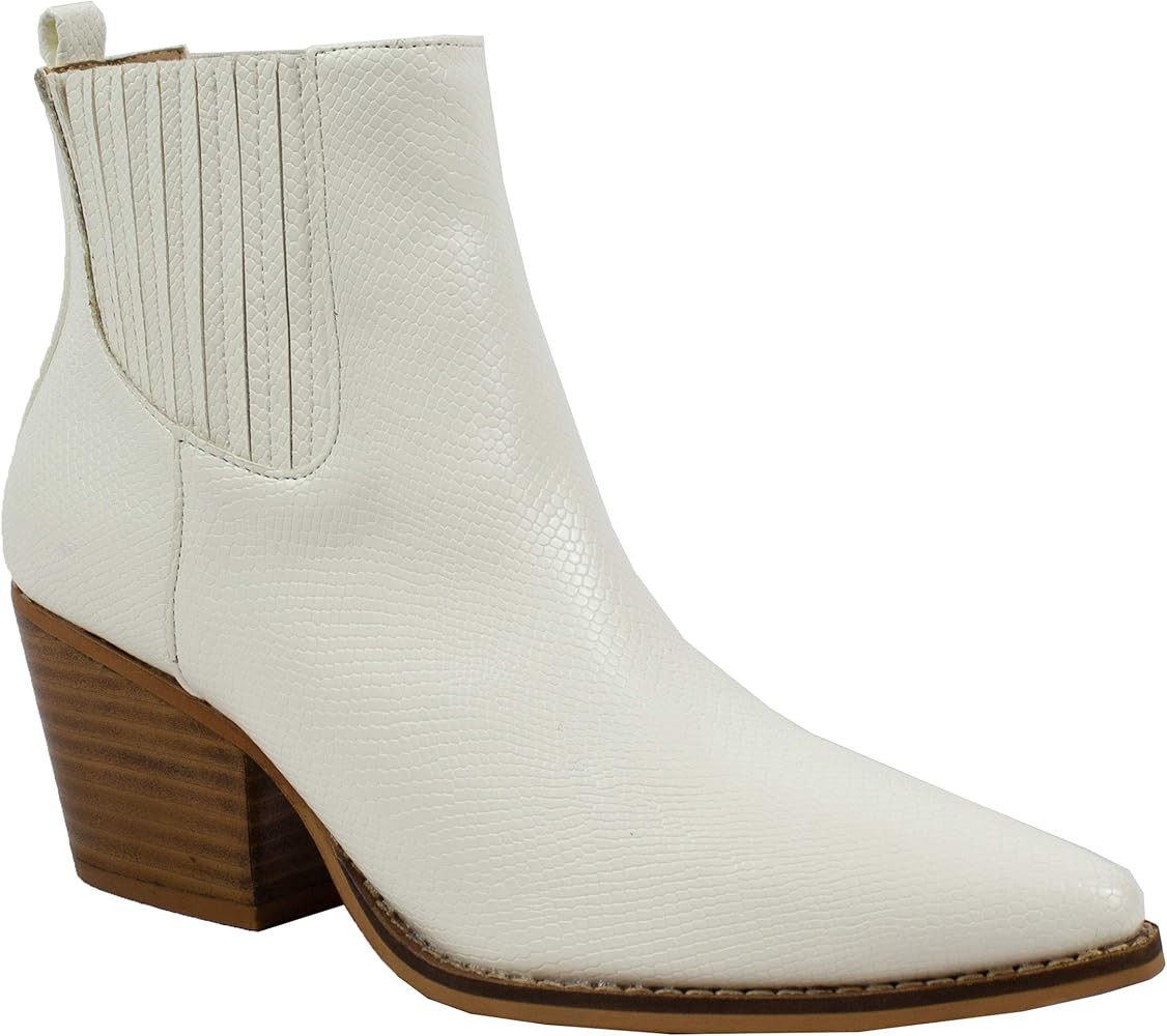 ARiderGirl Women's Bootie Faith Snake Print Stacked Heel Elastic Gore Pull On Tall Ankle Boots | Amazon (US)