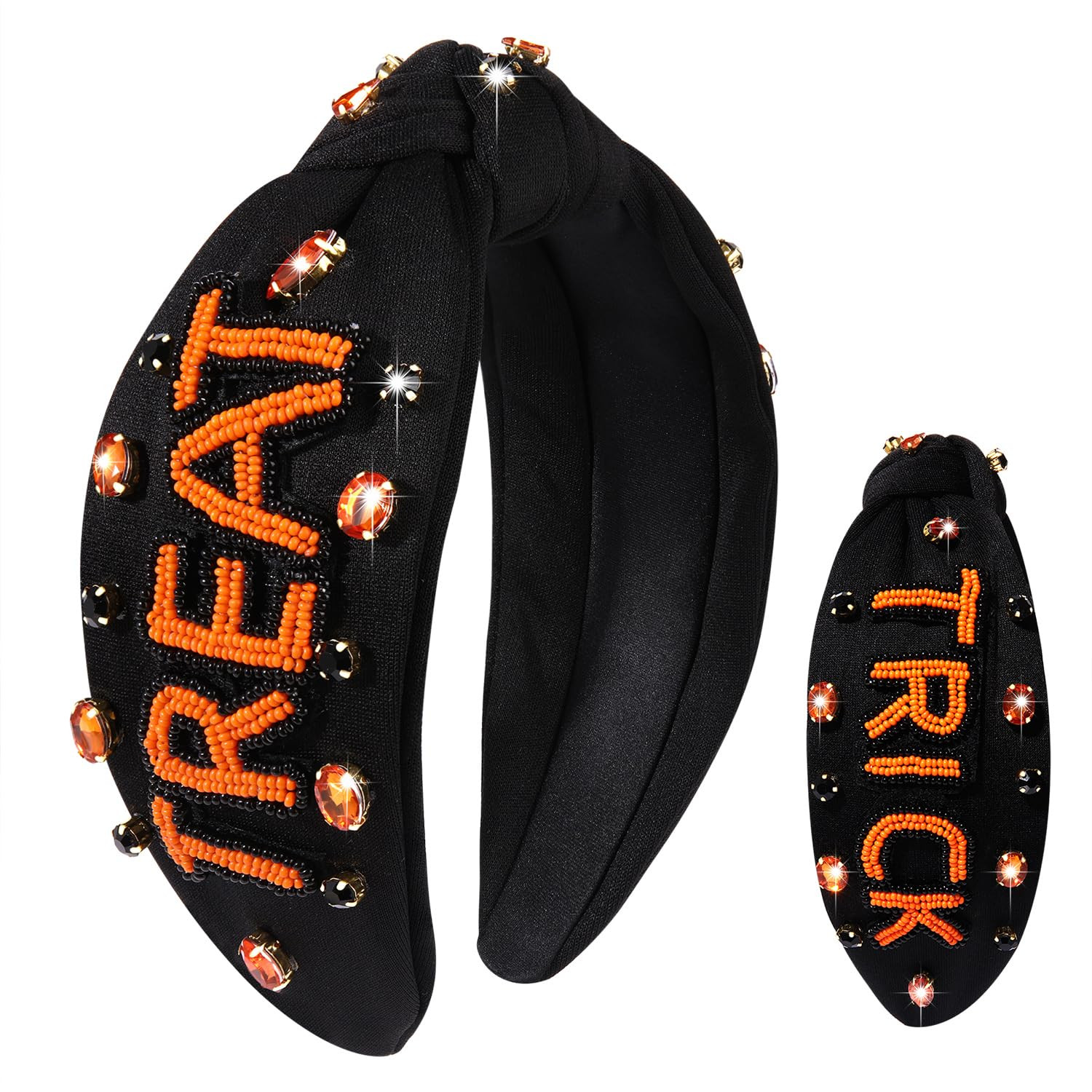 Halloween Headbands for Women, Beaded Boo Trick or Treat Knotted Headband, Embellished Rhinestone... | Amazon (US)