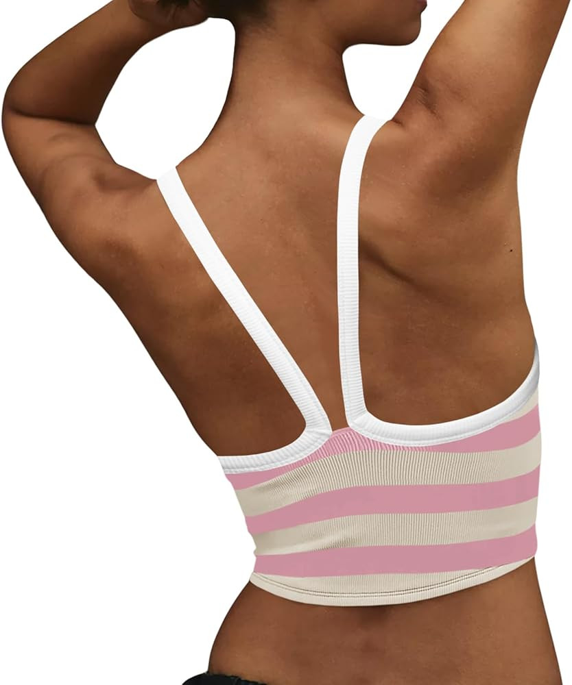 Fisoew Womens Scoop Neck Striped Crop Tank Tops Crossed V Racerback Cami Workout Yoga Athletic Lo... | Amazon (US)