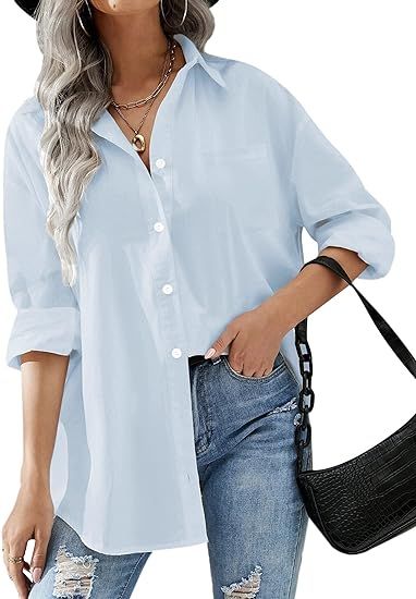 HOTOUCH Women Button Down Shirts Office Drop Shoulder Oversized Blouse Long Sleeve Boyfriend Dres... | Amazon (US)