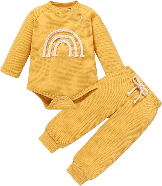 Newborn Baby Girl Boy Clothes Infant Romper Winter Spring Waffle Knit Outfits Long Sleeve Rainbow... | Amazon (US)