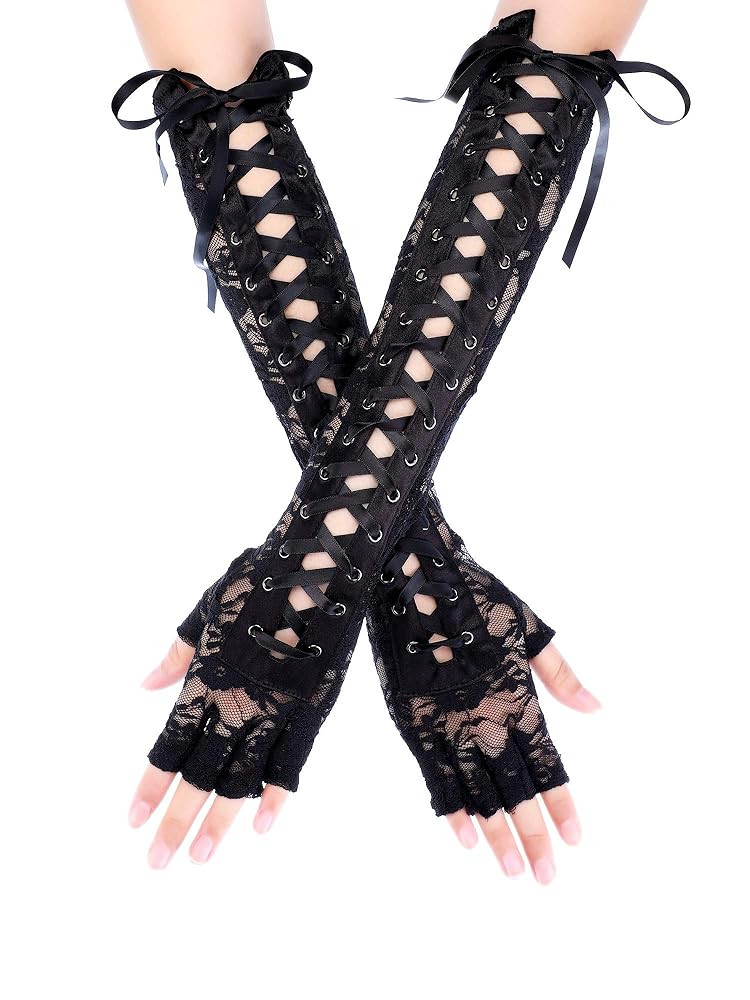 Sumind Black Long Fingerless Gloves Satin Lace up Gloves Arm Warmer for Wedding Engagement Party ... | Amazon (US)