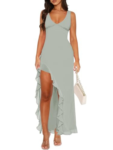 MIYIEONZ Women Sexy V Neck Sleeveless Mesh Ruffle Hem Bodycon Maxi Casual Backless High Slit Large Light Green Cocktail Party Dress | Amazon (US)
