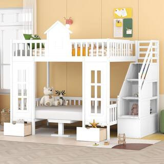White Full Over Full Bunk Bed with Changeable Table, Storage Staircases and 2-Drawers | The Home Depot