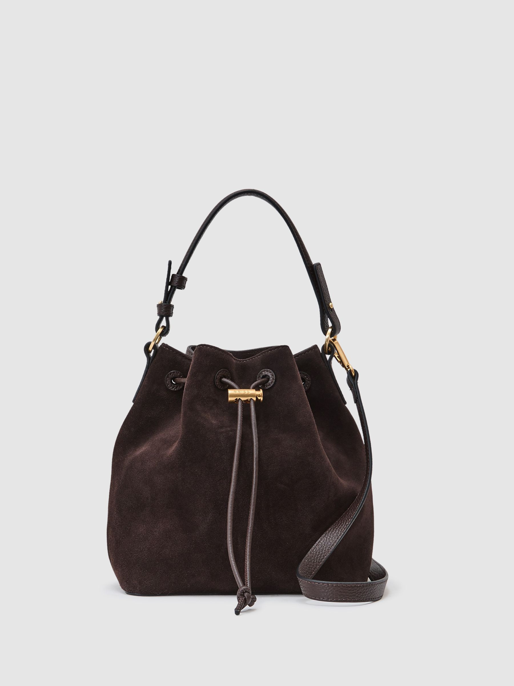 Suede and Leather Bucket Bag in Chocolate | Reiss UK