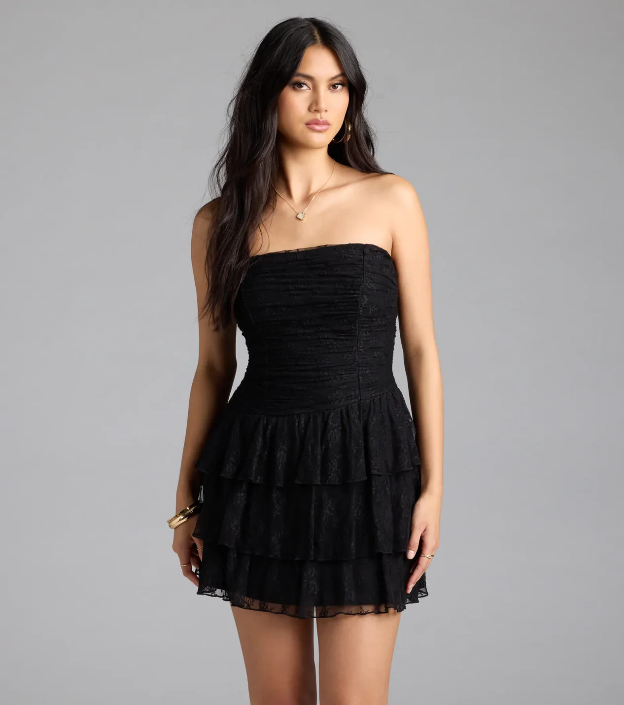 Lovely Nights Strapless Lace Ruffle Skater Dress | Windsor Stores