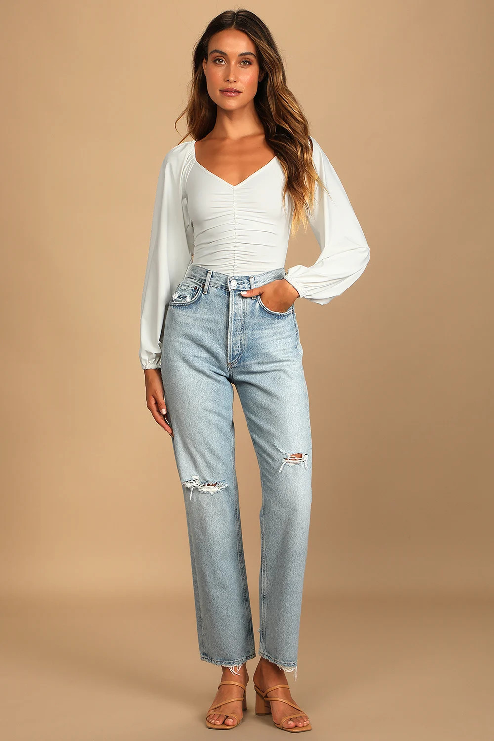 Certified Flirt White Ruched Long Sleeve Bodysuit | Lulus (US)