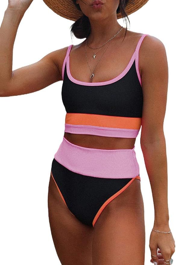 Aleumdr Women's Crop Top Striped Printed High Waisted Cheeky Bikini Set Two Piece Swimsuits | Amazon (US)