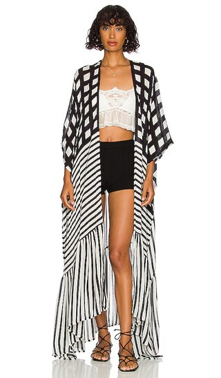 Kenna Ruffle Kimono in Black & White | Revolve Clothing (Global)