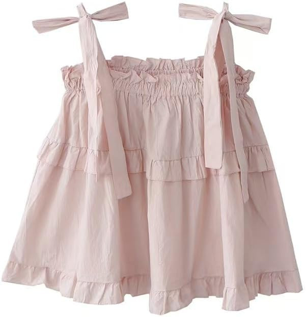 Women's Camisole Tank Tops Solid Color Lace-up Bow Camisoles Vintage Ruffles Cute Tops Holiday St... | Amazon (US)