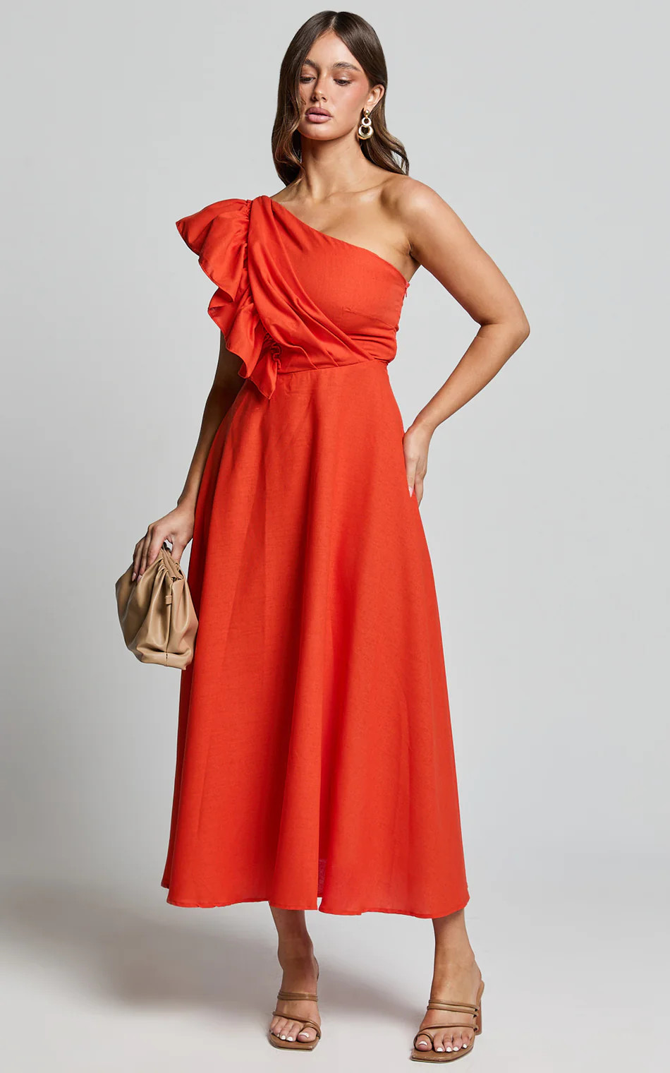 Linen Look One Shoulder Ruffle Dress in Red Orange | Showpo (ANZ)