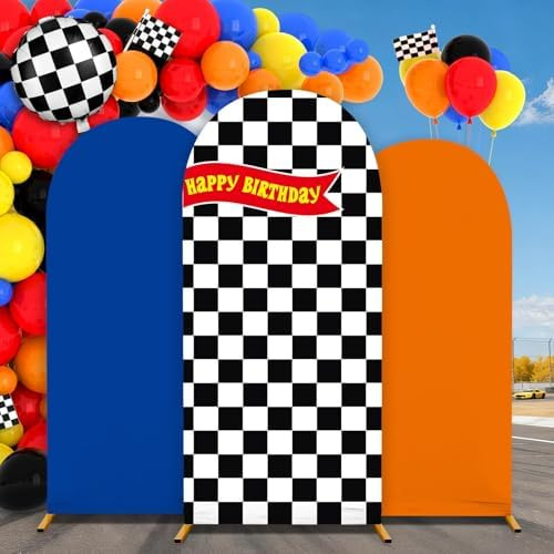 3 Pcs Race Car Arch Backdrop Cover Adaptable for 4ft 5ft 6ft Size Frames Black and White Checkere... | Amazon (US)
