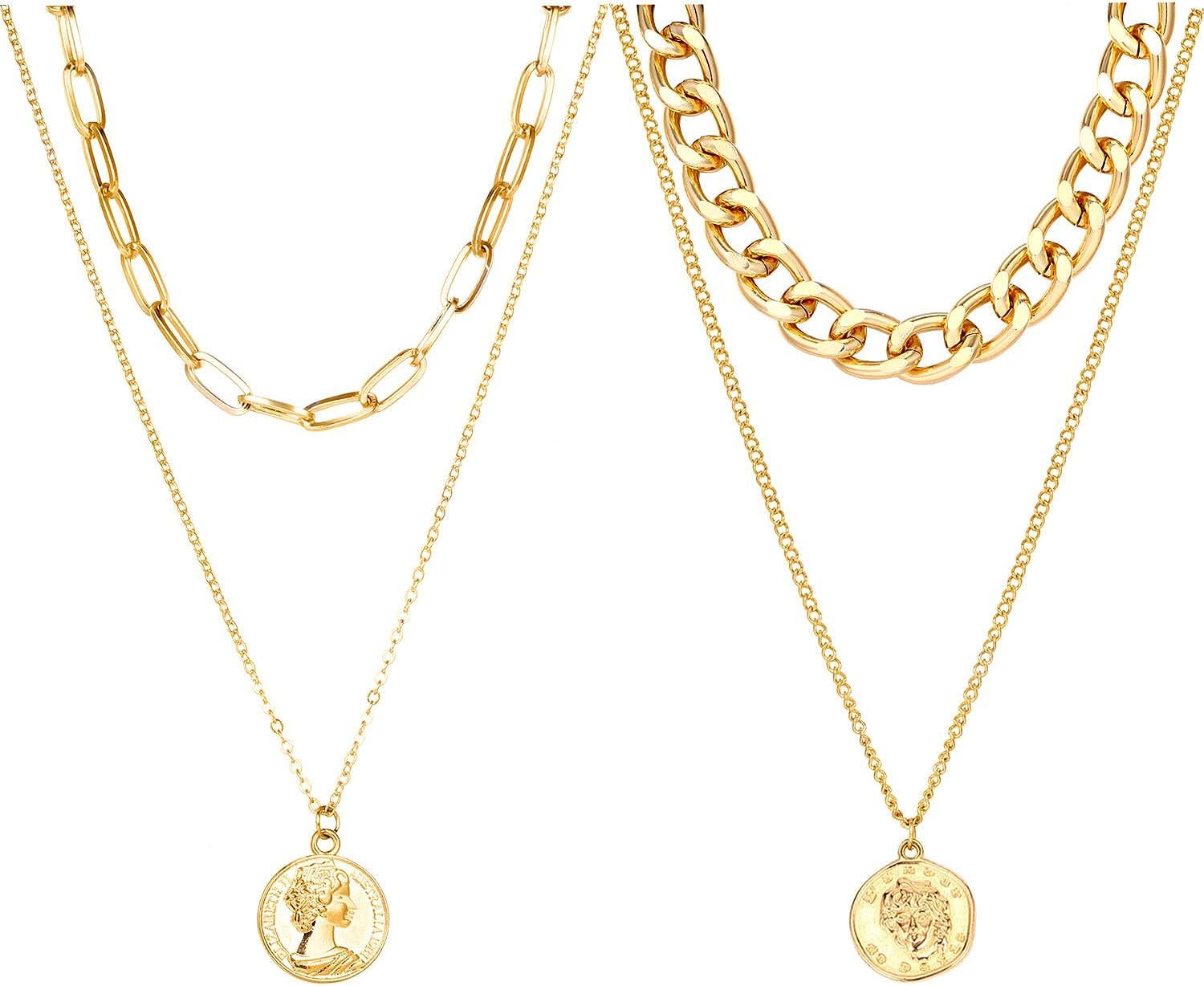 KISSPAT 2 Pcs Paperclip Link Chain Necklace Coin Pendant Layered Necklaces for Women | Amazon (US)