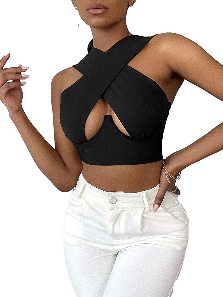 SheIn Women's Crisscross Cut Out Vest Halter Wrap Crop Top Solid Cami Tank Tops Black Medium | Amazon (US)