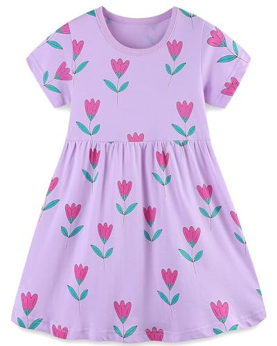 Kids Girls Dress Clothes Spring Summer Short Sleeve Cotton Casual Sundress Clothing Outfits Purple Flower Size 7 | Amazon (US)