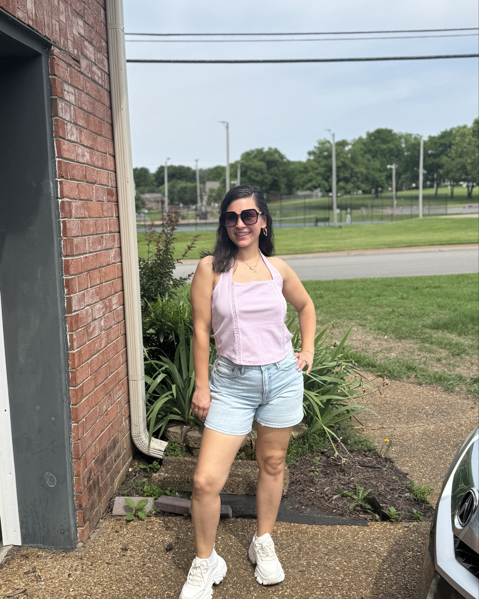Cute casual summer fit 💜✨🥰 
Jorts are size 6(mom approved) 
Halter top is size large 
133 lbs 5’2