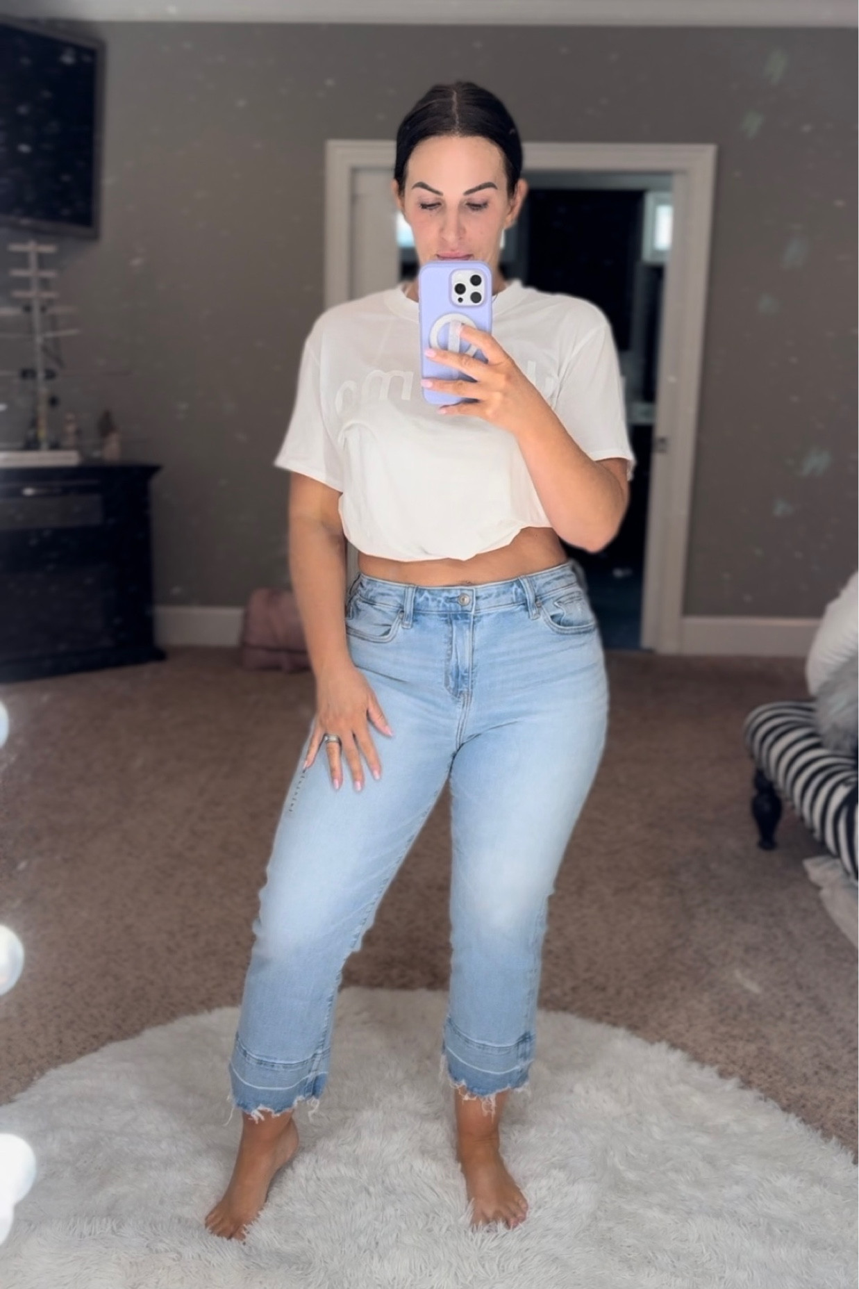 Boot kick crop jeans are a great transitional piece. Wearing a 8 short  

#LTKover40 #LTKmidsize #LTKstyletip