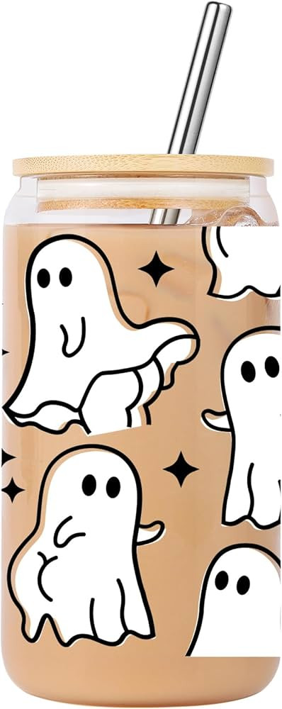 Cute Halloween Ghost Glass Tumbler with Lid and Straw, 16oz Iced Coffee Cup, Spooky Gifts for Hal... | Amazon (US)
