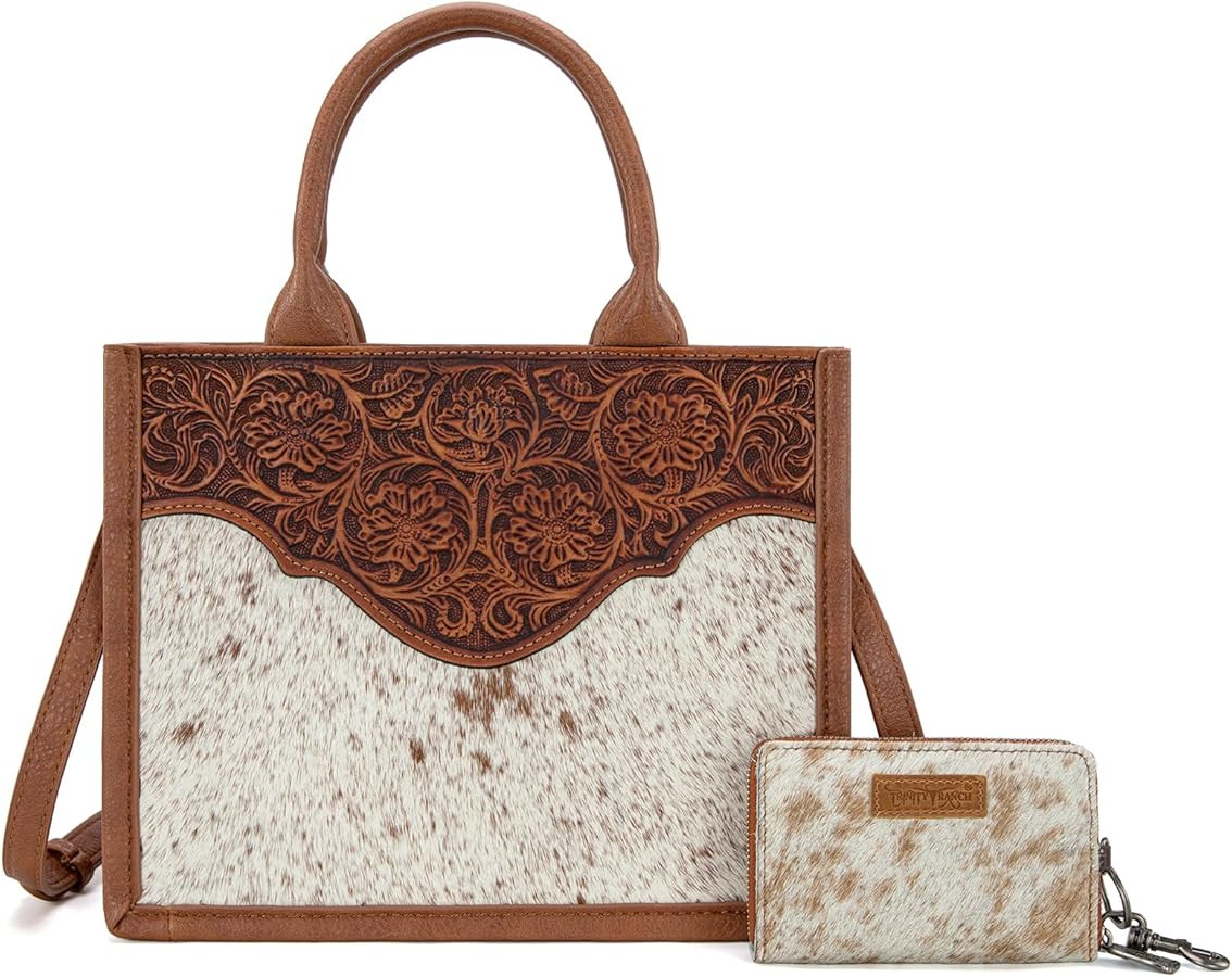 Trinity Ranch Western Tote Bag Hair On Cowhide Floral Tooled handbag | Amazon (US)